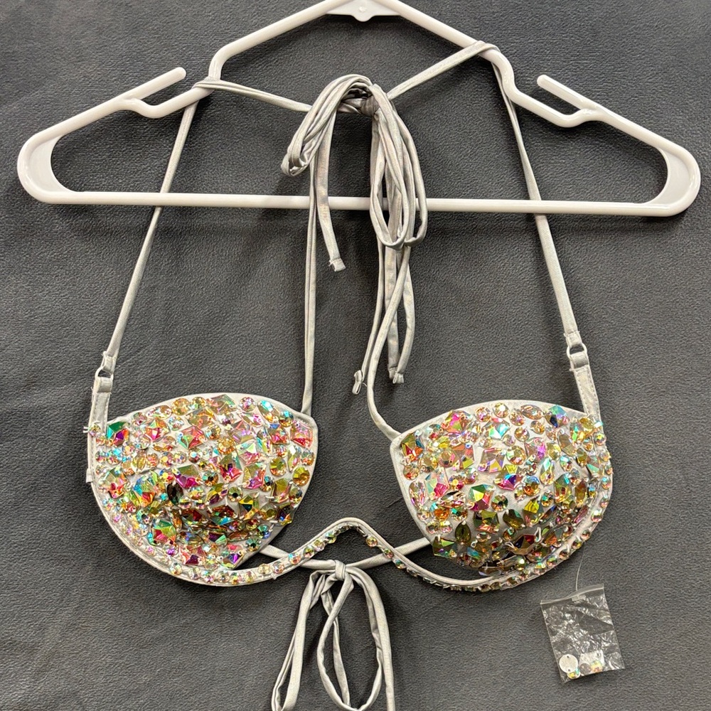 Windsor Colorful Crystal Embellished Silver Bikini Top Padded Large Sexy